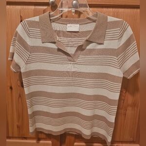 Women's Striped Polo Top - Brown and Cream